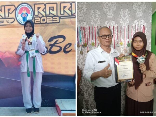 Laras Hidayatul Alifah berfoto dengan Kepsek SMAN 8 TAMSEL pada Prestasi Taekwondo SMAN 8 TAMSEL