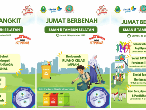 Kegiatan Habituasi Jumat Ceria di SMA Negeri 8 Tambun Selatan terus berjalan dengan penuh semangat selama bulan September 2025. Program rutin ini merupakan bagian dari implementasi Pendidikan Gapura Pancawalya yang menanamkan nilai-nilai cageur, bageur, bener, pinter, dan singer dalam kehidupan sehari-hari siswa. Setiap pekan, kegiatan dilaksanakan dengan tema berbeda agar siswa dapat belajar melalui pengalaman langsung yang bermakna
